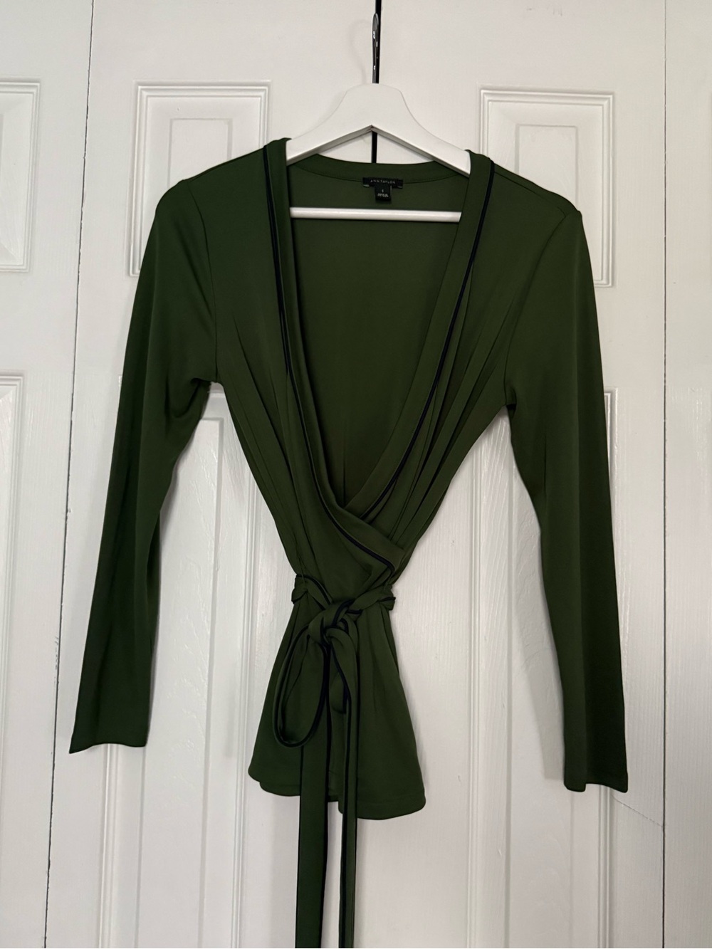 Ann Taylor Olive Green Wrap-Front Tunic with Black Trim